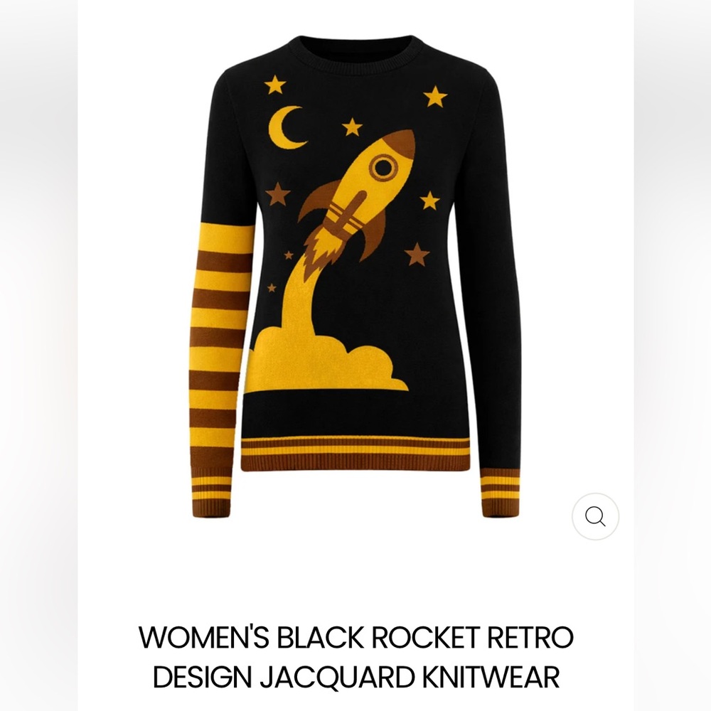 OXKNIT Black Crewneck Sweater with Yellow Rocket Graphic